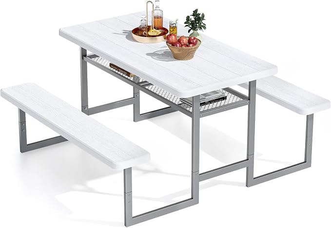 VINGLI Outdoor Picnic Table with Storage Shelf & Umbrella Hole, 4.5FT All Weather Metal Frame HDPE Tabletop Plastic Picnic Table for Dining Party Garden(White)