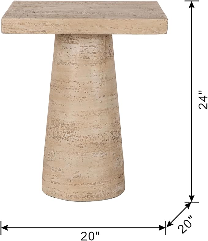 Faux Stone Side Table Square End Table, Small Drink Table for Small Spaces, Rustic Pedestal End Tables Farmhouse Nightstand for Living Room Bedroom Corners Office -Cream