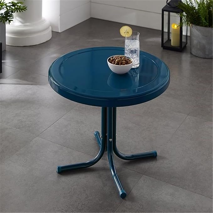 Pemberly Row Modern Steel Patio End Table, Navy Blue Finish, Powder-Coated Weatherproof Metal, 19 in Height, Pedestal Base, Outdoor Furniture for Patio, Balcony, or Porch Use