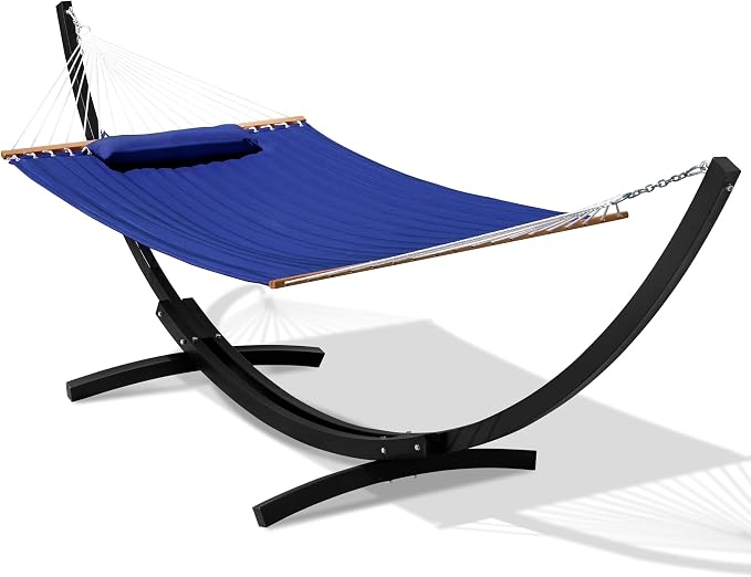 Lazy Daze Hammocks Outside Quilted Hammock with 13 FT Curved Steel Heavy Duty Stand and Pillow for Outdoor, Backyard, Patio, 450 Lbs Capacity, Blue