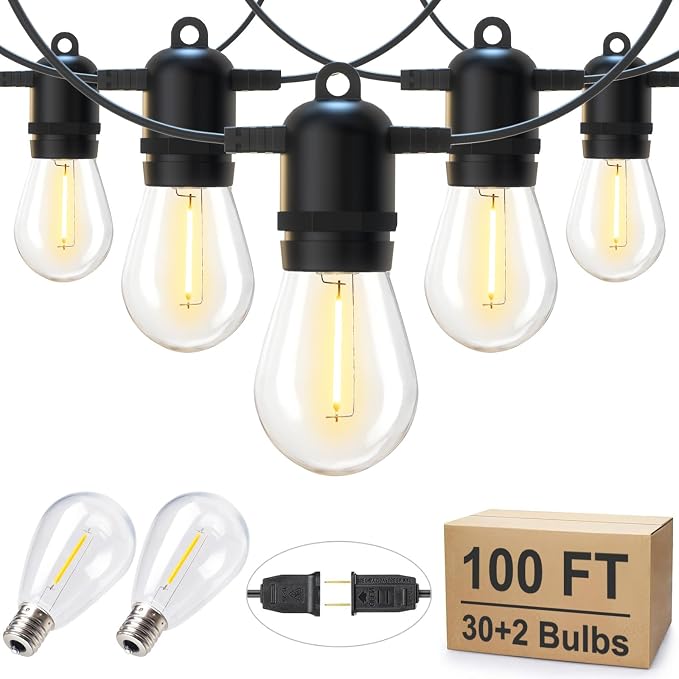Brightown LED Outdoor String Lights for Patio 100FT with 32 Shatterproof S14 Vintage Edison Bulbs, Waterproof Outside Hanging Lights for Backyard Deck Garden Party Xmas Decor, 2700K | S14 Vintage Edison Bulbs, IP65 Waterproof Outside Hanging Lights for...