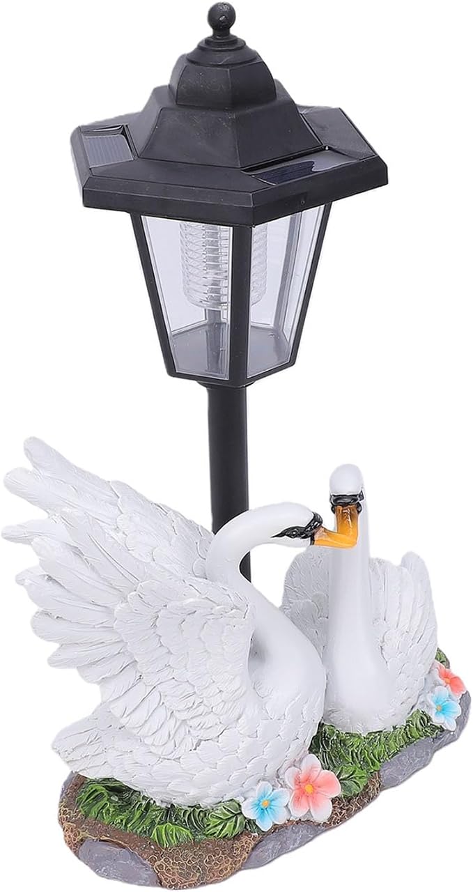 Solar Swan Lantern Outdoor Resin Garden Statue | with Solar Powered Warm Light and Stable Base for Patio Lawn Pathway Decor