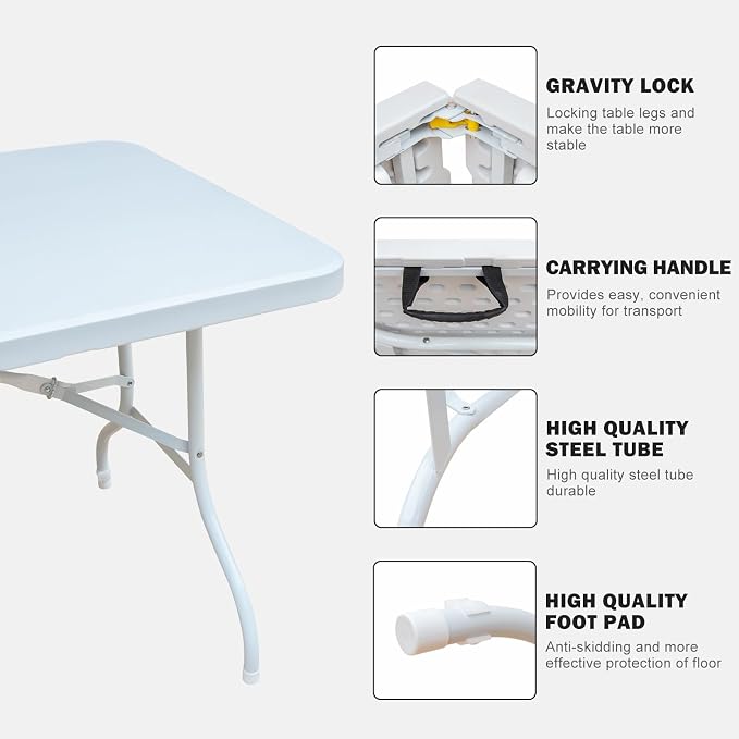 6ft Plastic Folding Table Portable Heavy Duty White Dining Table Fold-in-Half for Camp Party Kitchen Indoor Outdoor