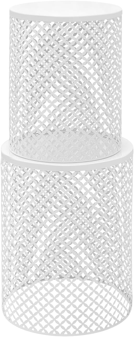 Cylindrical Outdoor Side Tables Set of 2, Metal Frame Accent Table End Table, Vintage Side Tables for Patio Gardens Balconies Cafes Parks (2, White)
