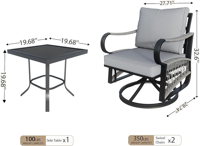 3 Pieces Glider Rocking Chairs, Outdoor Swivel Rocker Chairs with Thick Cushion, Patio Bistro Furniture Set with Side Table, Rope Conversation Sets for Porch Balcony Backyard Deck, Gray Cushions