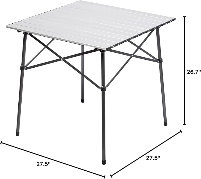 Portal Lightweight Aluminum Folding Square Table Roll Up Top 4 People Compact Table with Carry Bag for Camping, Picnic, Backyards, BBQ, Silver