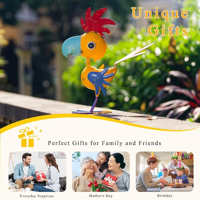 Metal Rooster Garden Statue for Outside, Patio, Law | 15'' Rooster Decor Outdoor Statue, Chicken Yard Art Lawn Deco, Unique Present, for Woman, Garden Lovers