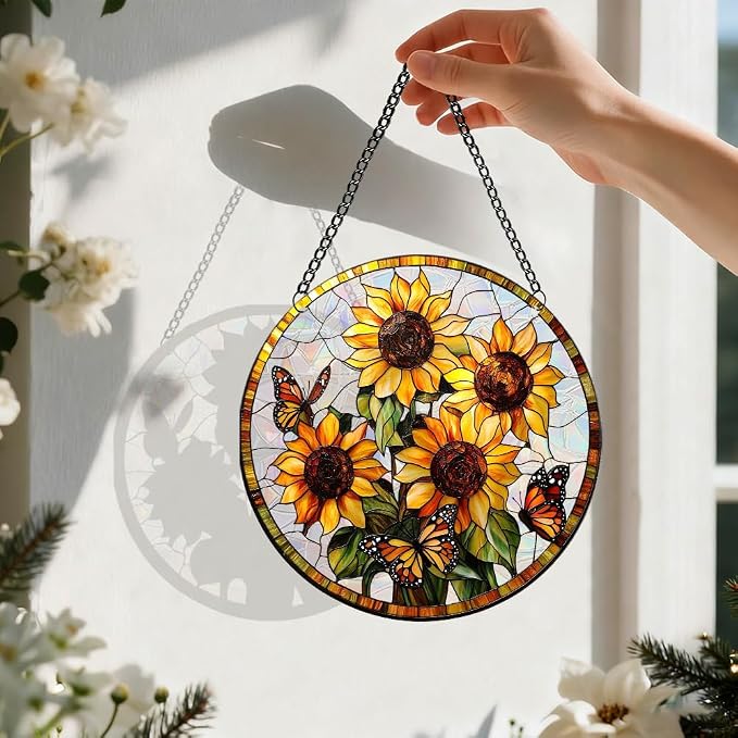 Acrylic Suncatcher, Sun Catchers Indoor Window Decor, 7.87 inch | Sunflower & Butterfly Acrylic Rainbow Suncatchers for Window Hanging, Mothers Day, Birthdays, Housewarming Gifts for Women