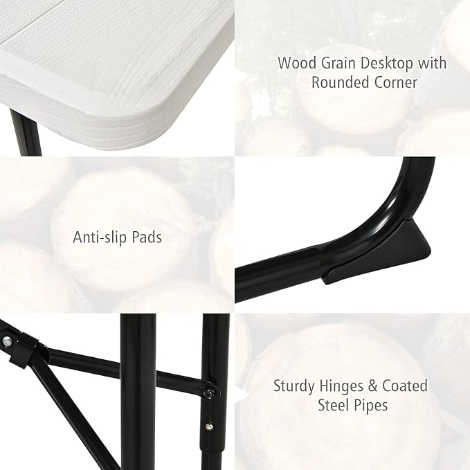 Goplus Foldable Picnic Table with Benches, Rectangular Camping Table Set with Metal Frame, Folding Indoor Outdoor Dining Table Set for Garden, Patio, Backyard (White)