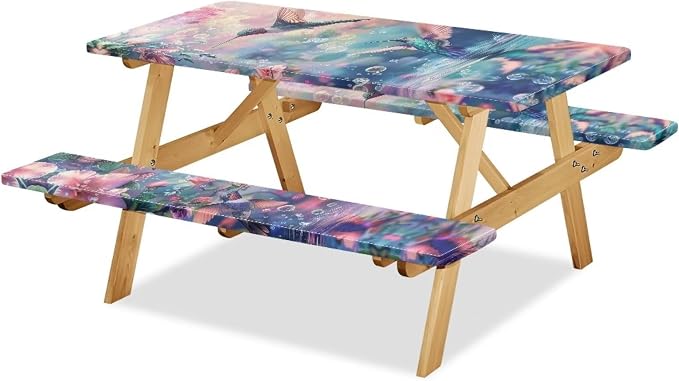 Hummingbird Picnic Table Cover with Bench Covers Waterproof Camping Table Covers for 6 Foot Tables 3 Pcs Picnic Table Bench Covers Camping Essentials for Camper, 94x30 Inches