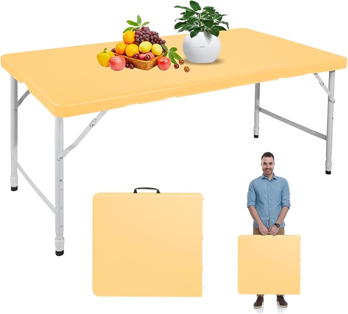 Portable 4Ft Folding Table, Heavy Duty Plastic Fold-in-Half Utility Foldable Table, Adjustable Height Plastic Folding Table with Carrying Handle for Camping &Party Indoor/Outdoor(Light Yellow)