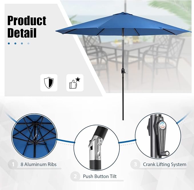 Crownland 5 Piece Outdoor Dining Set, Patio Metal Dining Sets, 4 Stackable Metal Chairs and Square Outdoor Dining Table with Dark Blue 9FT Round Outdoor Umbrella, for Backyard, Garden (Classic Black)