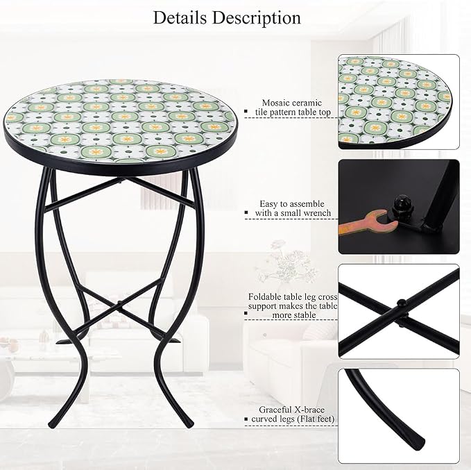 14 Inch Mosaic Patio Side Table with X-Curved Legs, Indoor Outdoor Accent Round End Table with Ceramic Tile Tops for Yard, Garden, Living Room, Bistro, C - Granny Square