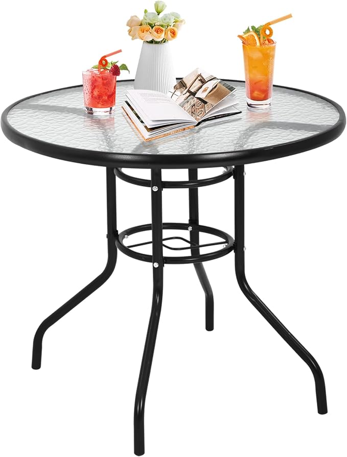 Outdoor Dining Bistro Table 32”Tempered Glass Patio Table, Round Patio Table with Umbrella Hole for Outdoor Dining Bars Garden Lawn Balcony Yard