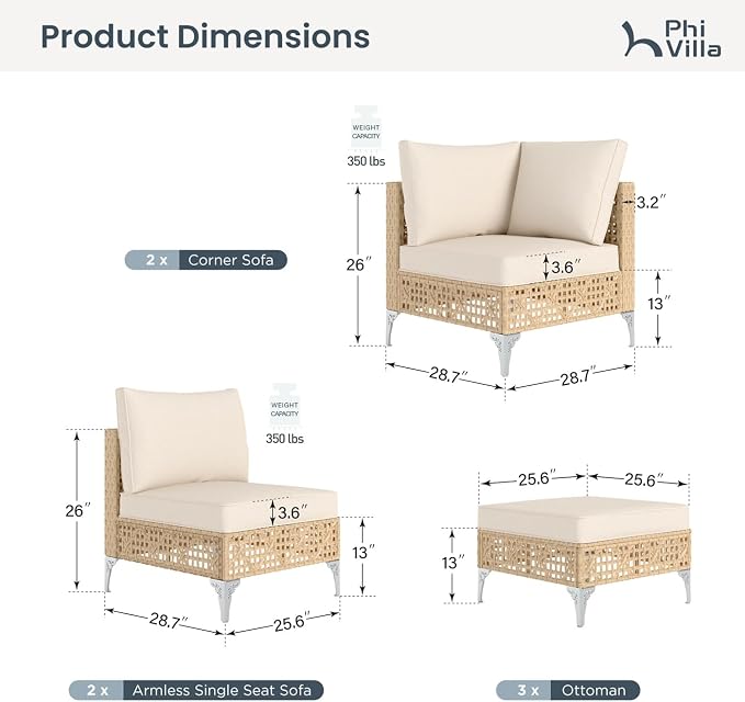 PHI VILLA Wicker Patio Furniture Set, Rattan Patio Sectional Sofa Sets, Boho Outdoor Modular Couch Sets with Ottomans for Backyard, Porch(7 Pieces, Beige Cushion)
