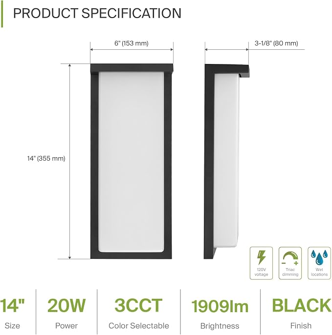 ASD LED 14" Outdoor Wall Light, Front Door House Sconce | 3CCT, Dimmable, Waterproof, ETL Listed | 20W 1900LM 3000-5000K 120V | Exterior Patio Lighting Fixture, Flush Mount Porch Lamp | Black