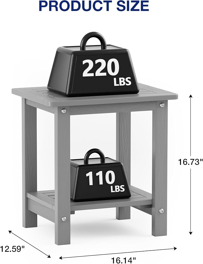 YEFU Outdoor Side Table for Patio: 16" HIPS Weather - Resistant Adirondack Tables Set of 2 - Small Square End Tables for Backyard Pool Porch Balcony - Indoor Outdoor Double Layer Table Grey