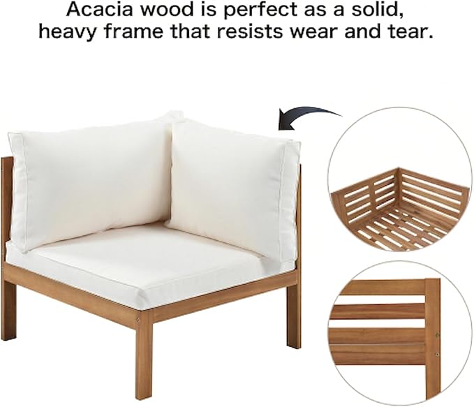 Wood Structure Outdoor Sofa Set, Acacia Wood Conversation Sofa and Table Set with Water-Resistant Cushions, Sectional Sofa Set for Gazebo Garden Balcony Poolside, Beige