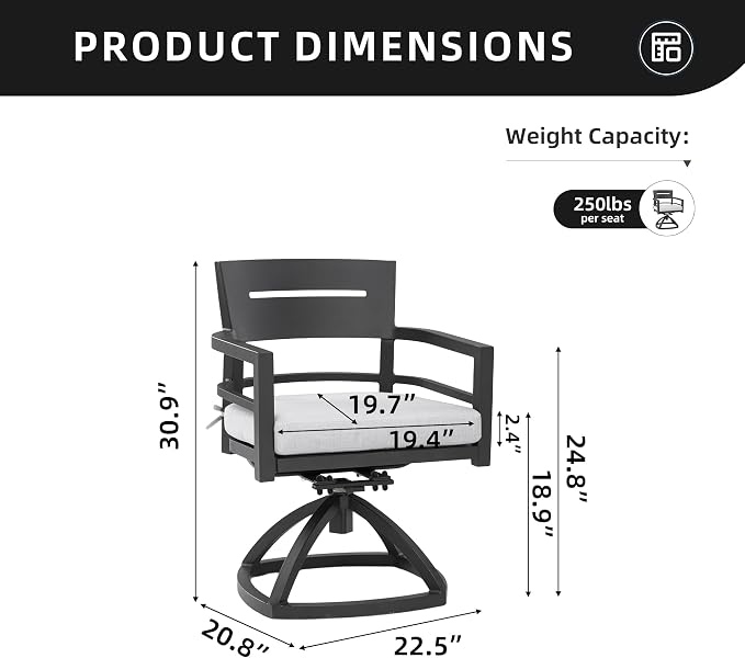 2PCS Patio Aluminum Swivel Dining Chairs, All-Weather Outdoor Swivel Rocker Chair with Comfort Fabric Cushions for Garden, Backyard, Poolside, Bistro, Ember Black