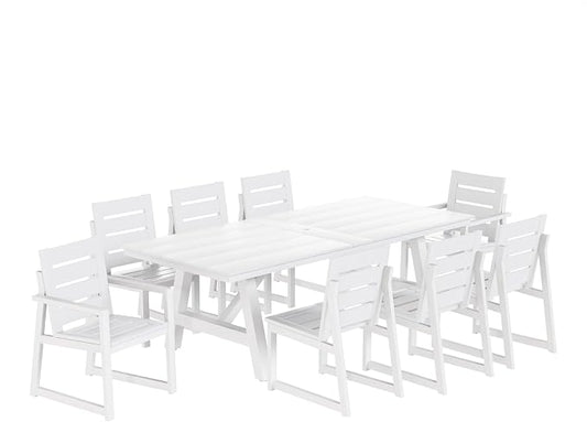WestinTrends Cape May 9-Piece HDPE Outdoor Furniture Patio Dining Table with Umbrella Hole and Chairs Set for 8, White