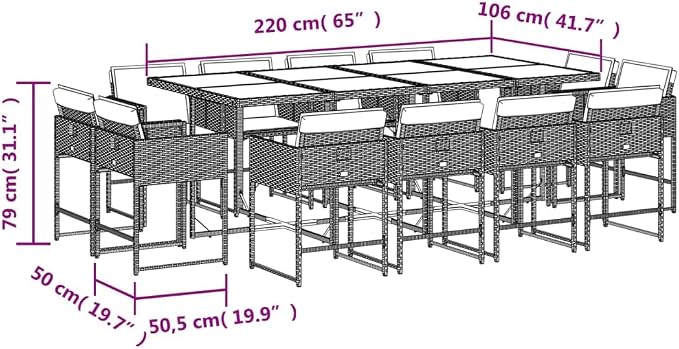 13 Piece Garden Dining Set with Cushions Grey Poly Rattan Outdoor Patio Table and 12 Folding Chairs UV Resistant Space Saving Acacia Wood Top for Backyard Relaxation Entertainment