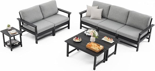HDPE Outdoor Patio Furniture Set with Cushions, 8 Piece Patio Conversation Set Sofa Set,All Weather Outdoor Couch Set with Coffee Table for Lawn, Garden, Deck
