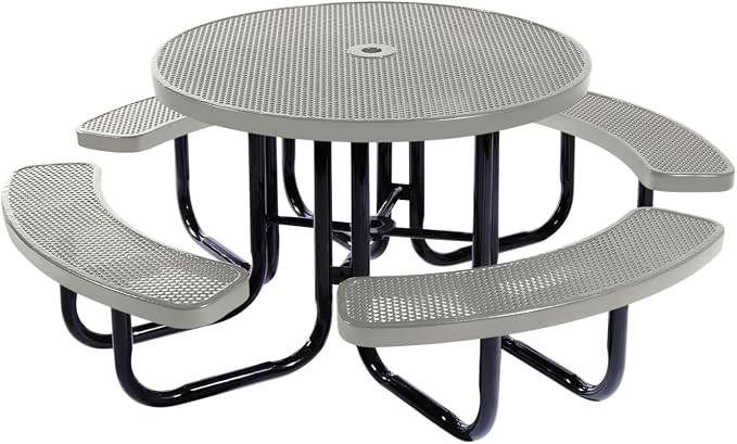 COATEDOUTDOORFURNITURE Heavy-Duty Portable Outdoor Picnic Table with Umbrella Hole, Punched Steel Commercial-Grade Patio Dining Furniture Made in America (46" Round Top, Textured Grey)