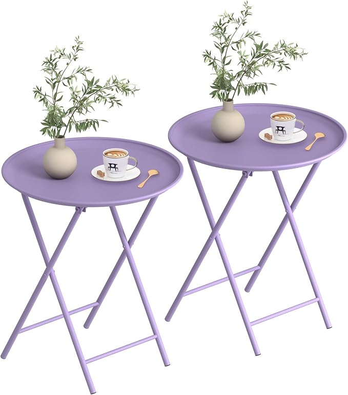 Garden 4 you Folding TV Tray Table, Metal Round Side Table, Purple Dinner Table with Metal Frame, Modern Outdoor Tray Table for Living Room, Bedroom, Patio & Small Spaces, 2 Packs