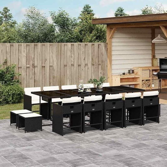 15 Piece Garden Dining Set, Patio Furniture with Foldable Chairs and Stools, Space Saving PE Rattan Table and Cushions for Backyard Outdoor Dining
