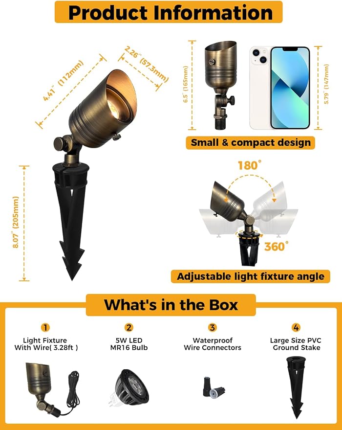 COLOER Brass Outdoor Spotlights,12V LED Low Voltage Landscape Lighting with 5W 2700K Aluminum MR16 Bulb, IP65 Waterproof Landscape Spot Lights for Yard,Garden,Tree, Small Size (6 Pack with Bulb)