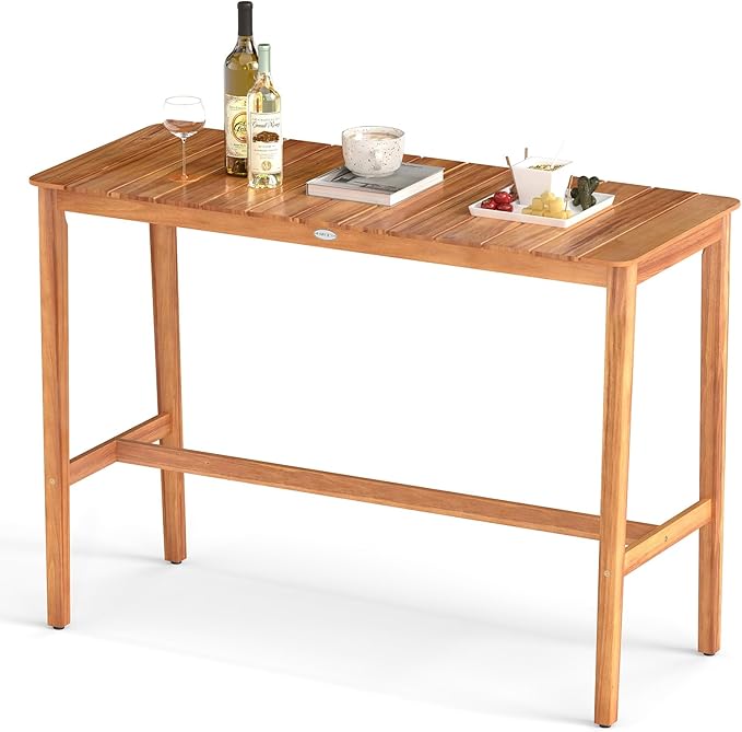Outdoor Bar Table, 54" x 22" Acacia Wood Counter Height Table with Slatted Tabletop and Adjustable Feet, Rectangular High Top Dining Table for Patio, Yard, Balcony, Poolside