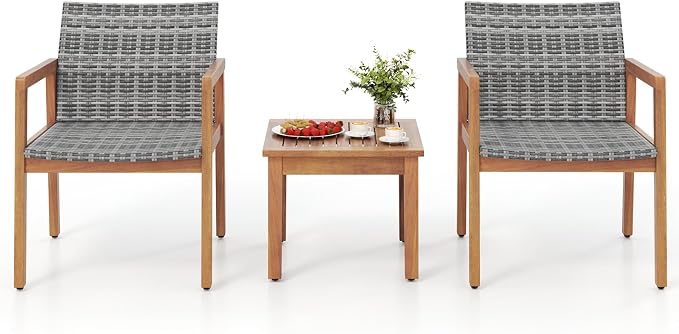 HAPPYGRILL 3 Pieces Patio Furniture Set, PE Rattan Patio Bistro Set with Chairs & Coffee Table, Outdoor Acacia Wood Conversation Set for Garden, Backyard, Poolside & Porch