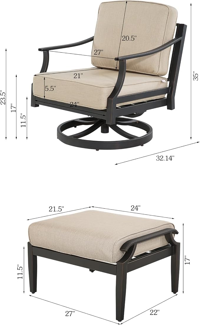 PEAK HOME FURNISHINGS Tamarin Outdoor Swivel Conversation Set in Bronze Aluminum with Ottoman