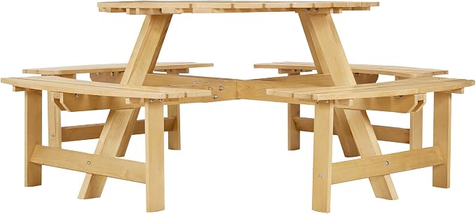 8 Person Outdoor Dining Table, Round Picnic Table with 4 Built-in Benches and Umbrella Hole, Outside Garden Backyard Table and Bench Set, 500lbs Capacity Per Bench (Natural)