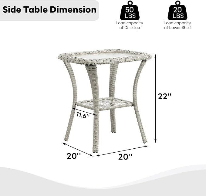 Belord Small Outdoor Side Table - Tempered Glass Wicker Table, Waterproof Patio Coffee Table Rattan End Table with Storage, Light Gray