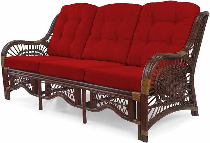 Malibu Lounge Set of 4: 2 Natural Rattan Wicker Chairs, Three-Seater Sofa with Cushions and Coffee Table with Glass Handmade, Dark Brown Color
