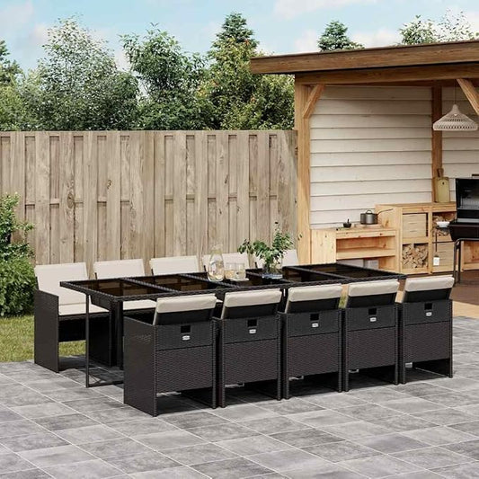 10-Seater Garden Dining Set, Black PE Rattan Patio Furniture with Tempered Glass Table, Foldable Chairs for Outdoor Backyard Deck