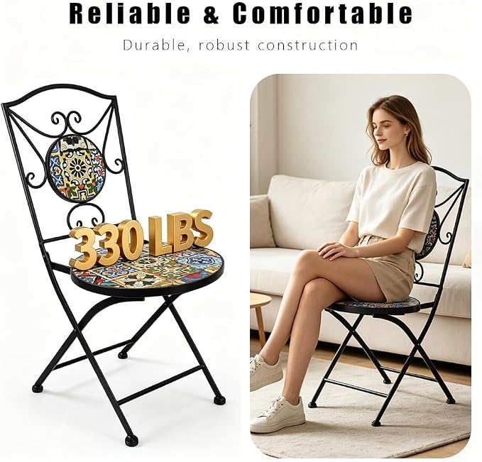 3 Piece Bistro Sets Mosaic Tile Round Table Folding Chairs Garden | Set of 3 Patio Furniture 23.6" Table and 2 Chairs Outdoor Bistro Chairs Artistic Table for Balcony Porch Apartment Backyard