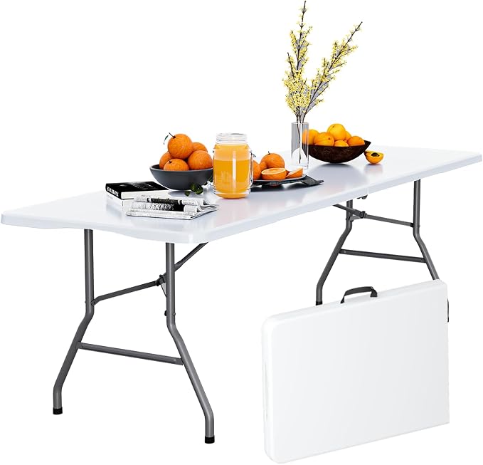 6FT Folding Picnic Table for Outdoor, No Assembly Required Portable, White Foldable Table for Camping, Parties, with Carrying Handle (White, 1 Pack)