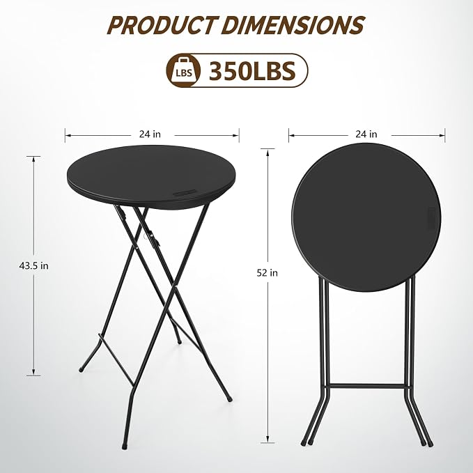 Bonnlo 24" Cocktail Table High Top Table, Folding Round Table Bar Height, HDPE Matrial with Gray Metal Finish for Outdoor Party, Backyard, Dining Room, Wedding Event,Black- 2PCS