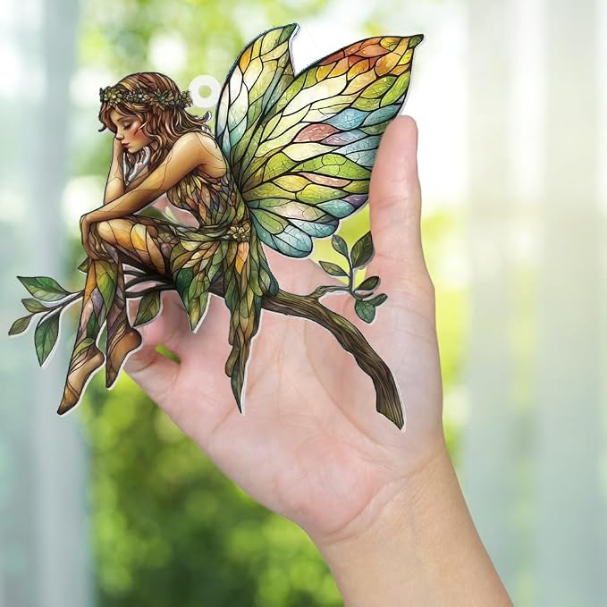 Stained Glass Fairy Ornament – Acrylic Suncatcher Window Hanging, Woodland Fantasy Decor, Christmas Tree Ornament 2026, Car Rearview Mirror Charm, Gift for Fairy Lovers, Women, Girls, Teachers(Sun-10)