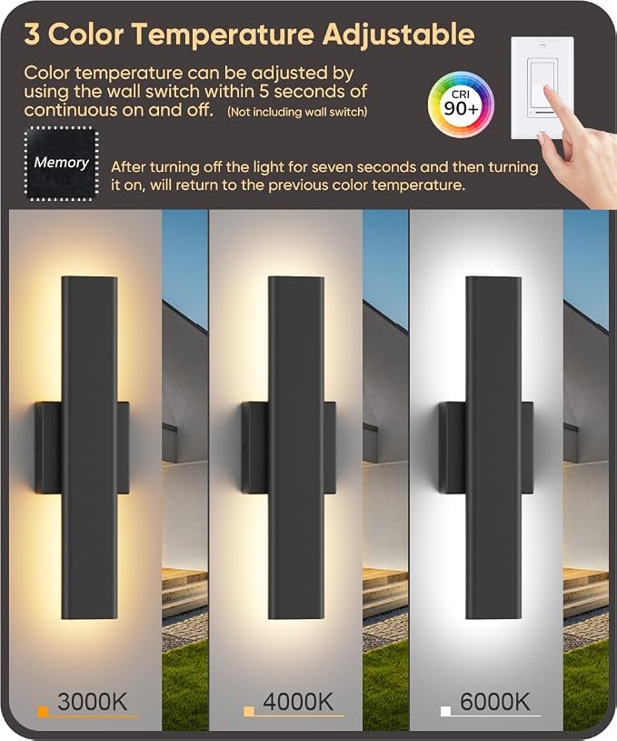 Aipsun 2 Packs Outdoor Wall Sconce, 3000K 4000K 6000K, 15.75in Modern Black Exterior Light, Long LED Linear Wall Light Outside Lighting for Entrance, Hallway, Garage, Porch(3CCT)