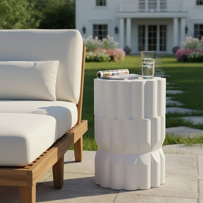 Christopher Knight Home Ella Lightweight Modern Concrete Outdoor Side Table, Patio End Table with Geometric Stacked Design, MGO Outdoor Coffee Table, No Assembly Garden Plant Stand Indoor, White