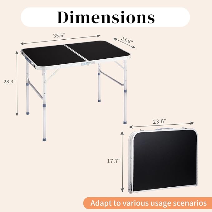 3-Ft Small Folding Picnic Table with Adjustable Height, Lightweight Portable Utility Tables for Travel BBQ Fishing RV Car Tailgate Camping Beach Outdoor Essentials, MDF Tabletop, Black 2 Pack