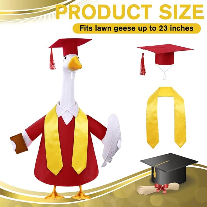 Graduation Porch Goose Outfit with Cap and Gown Stoles for 23" Porch Goose Holiday Outdoor Garden Patio Yard Lawn Art Decoration (Red)