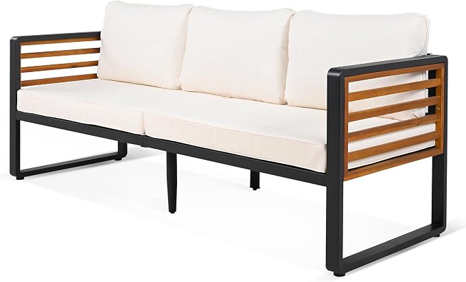 ERYE Large Size 4-Pieces Patio Conversation Set Modern Outdoor Furniture Sofa for 5 Person, Garden Furniture Set with Removable Cushion, Metal Frame and Acacia Wood Tabletop