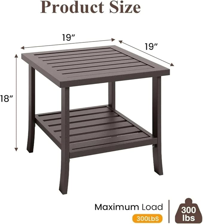 Penau 19 Inchs Square Metal Outdoor Side Table, 2 Tier Powder Coated Steel End Table, Slatted Top for Quick Drainage, Compact Patio Accent Table 19 x 19 x 18 Inchs, Brown