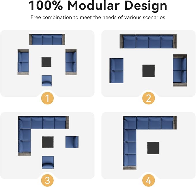Aoxun Patio Furniture Set, 9 Pcs Outdoor Patio Furniture Sets with 4 in Thicken Cushion, Widen Armrests Wicker Outdoor Sectional for Backyard & Garden, Navy Blue