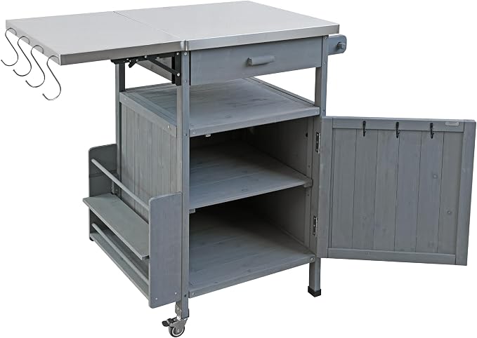 Solid Wood Outdoor Small Grill Table Kitchen Island with Stainless Steel Drop Leaf, Farmhouse Serving Cart with Drawer and Wheels, Outdoor Bar Table for Patio, Lawn Garden, Kitchen, Grey Blue