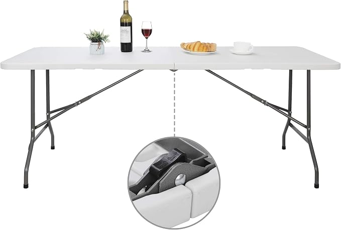 6 FT Folding Table, Fold in Half, Heavy Duty Portable Plastic w/Handle for Picnic Party Camping Dining Indoor Outdoor - Lightweight White